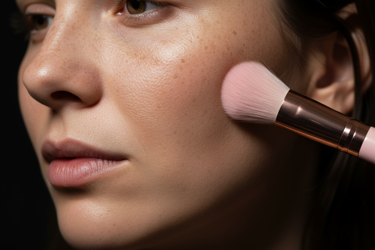 Foto casual en primer plano tomada con cámara de smartphone, brocha de maquillaje rosa con mango oro rosa tocando el pómulo con pecas de una mujer, solo mostrando desde el pómulo hasta parte de la boca, ángulo lateral de 45 grados, la piel tiene pecas visibles esparcidas por la mejilla y nariz, textura natural de piel con poros claramente visibles, tono de piel desigual, pequeñas imperfecciones, piel humana real e imperfecta, NO lisa ni perfecta, iluminación directa dura desde flash de teléfono o luz LED br